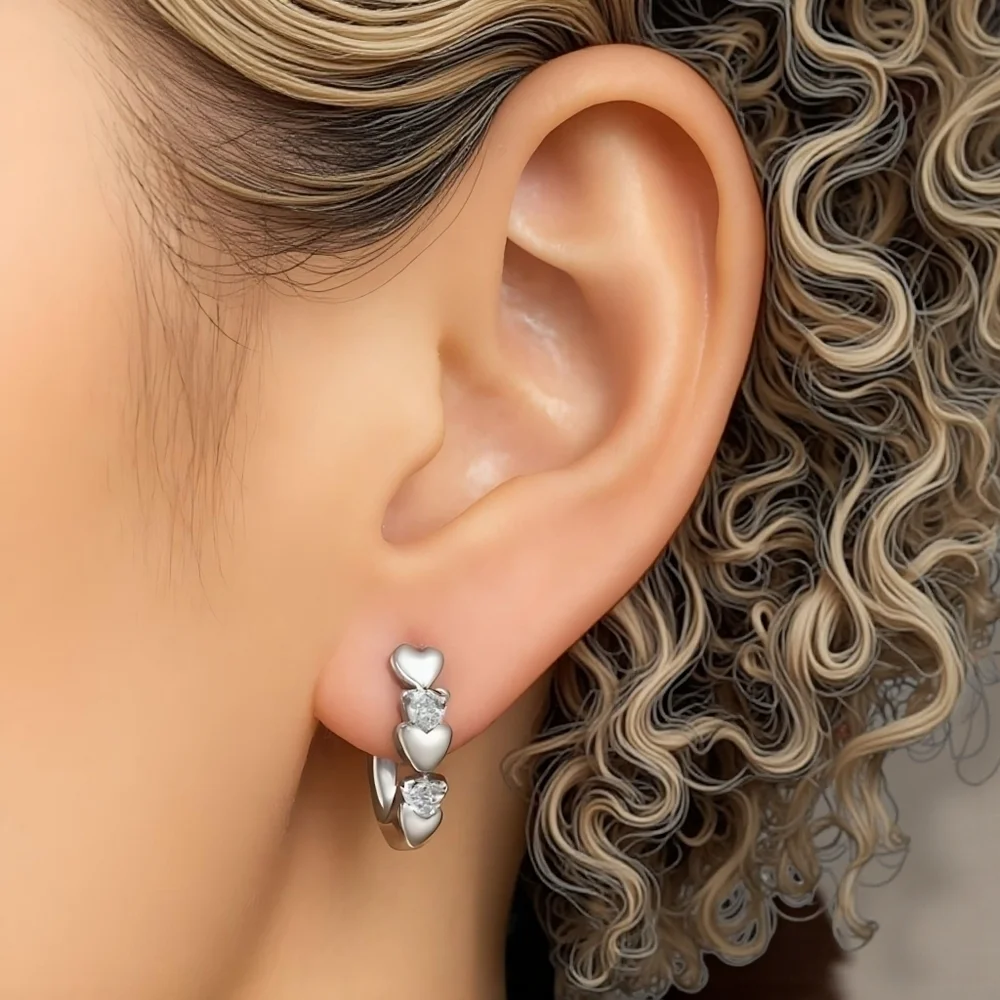Minimalist Hoop Heart Earrings S925 Sterling Silver Dainty Zirconia Gift